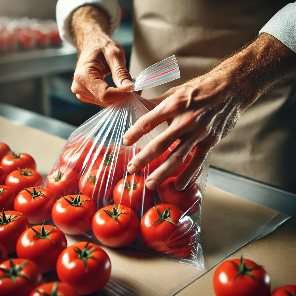 DALL·E 2024-11-03 21.08.42 - A close-up shot of a factory worker's bare hands carefully packaging fresh red tomatoes in a clear plastic bag. The tomatoes are shiny and vibrant, sh